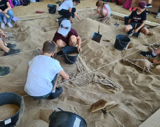 Photos d'enfants faisant des fouilles paléontologiques à Paléopolis