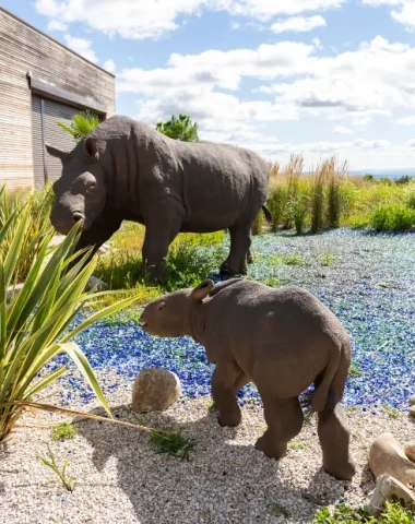 photo de deux sculpture de rhinocéros sans corne de la Limagne à Paléopolis